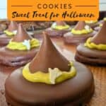 Image shows a Closeup of with hat oreos with text witch hat cookies sweet treat for halloween.