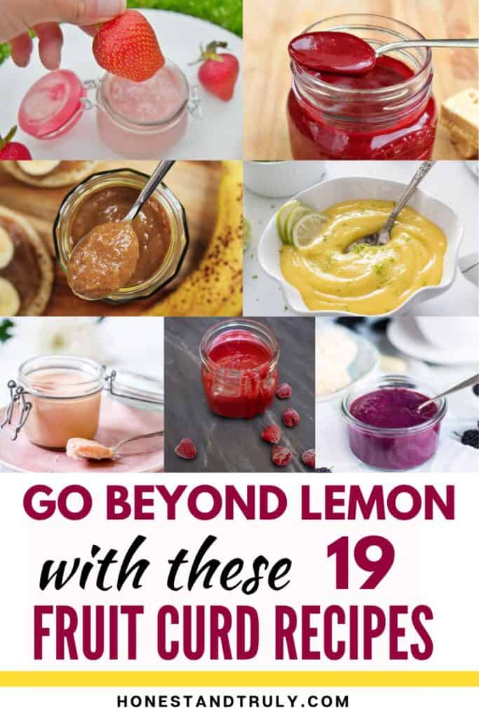 Image shows collage of fruit curds with text.