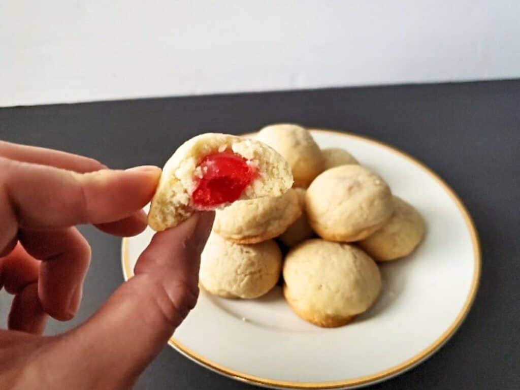 Image shows delicious cherry surprise cookies.