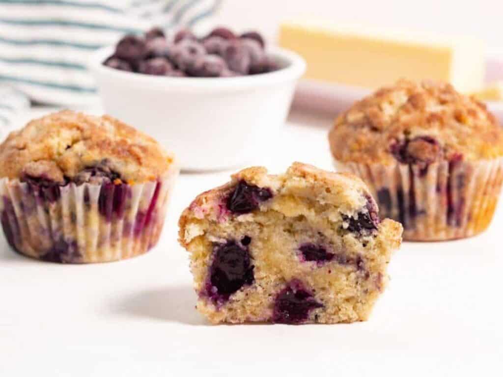Image shows delicious small batch blueberry muffins.