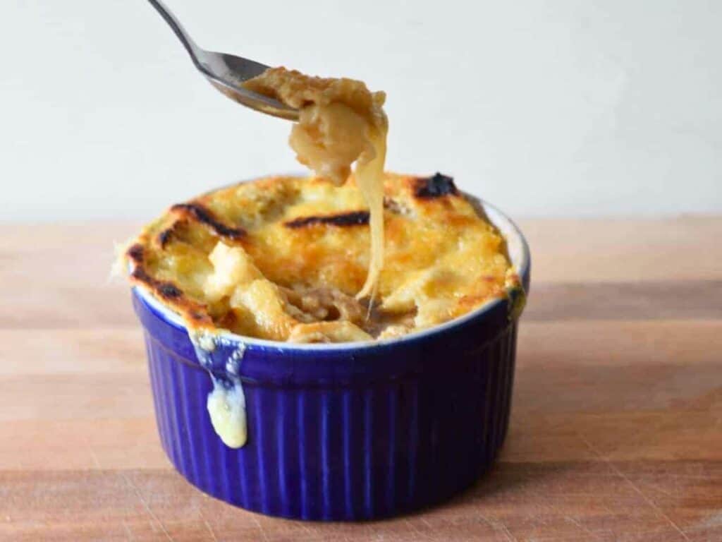 Image shows easy to make French onion soup.