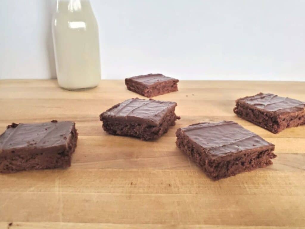 Image shows easy to make Texas sheetcake brownies.