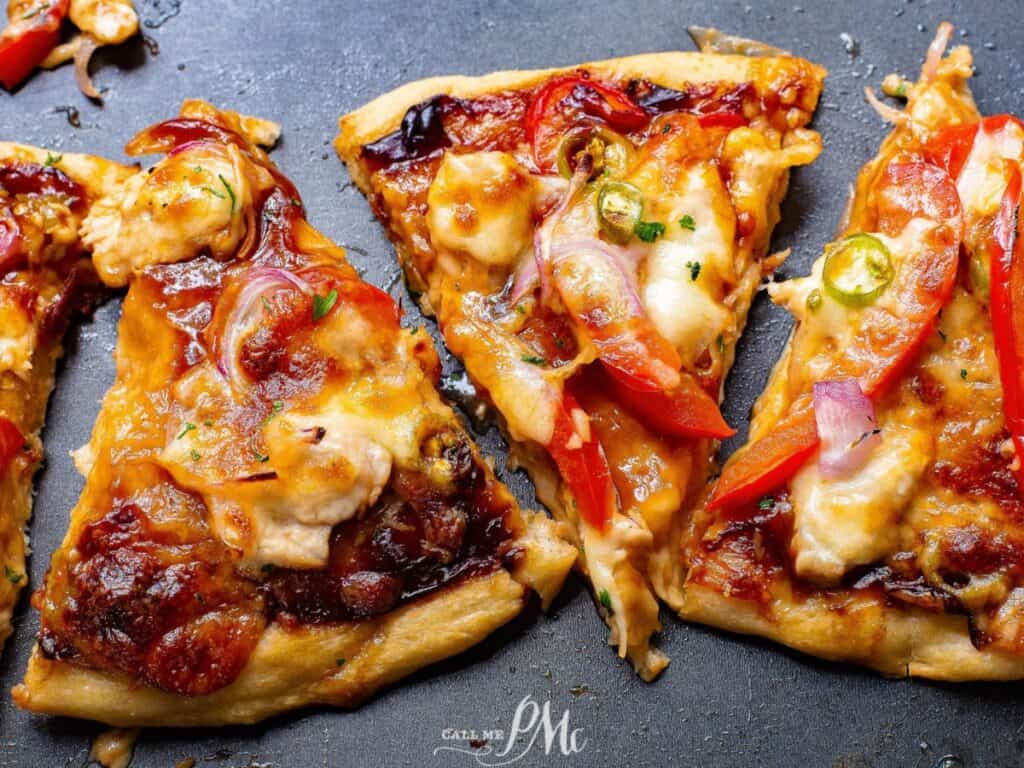 Image shows easy to make BBQ chicken pizza.