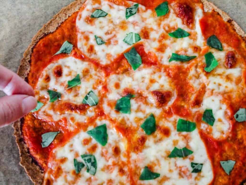 Image shows easy to make tortilla pizza.
