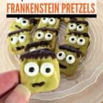 Image shows a Hand holding a Frankenstein pretzel with text the best treat for Halloween: frankenstein pretzels.