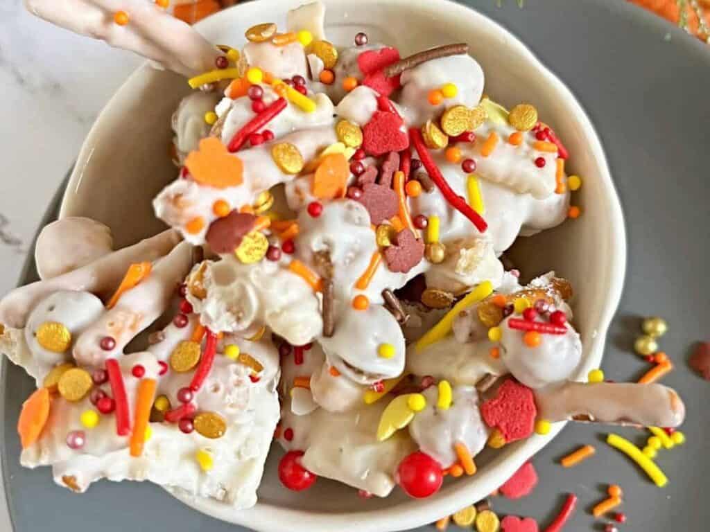 Image shows irresistible almond bark cereal.