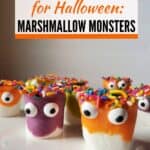 Image shows a Platter with decorated marshmallows and text the cutest treat for Halloween: Marshmallow Monsters.