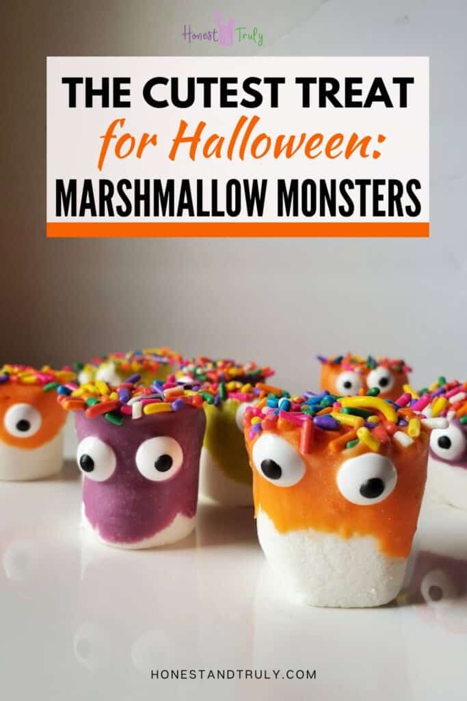 Image shows a Platter with decorated marshmallows and text the cutest treat for Halloween: Marshmallow Monsters.