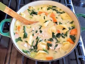 Image shows pot full of yummy chicken tortellini soup.