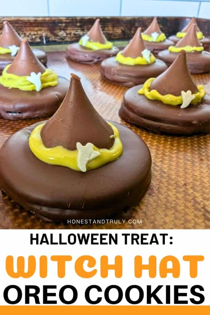 Image shows a Tray of with hat cookies with text halloween treat: witch hat oreo cookies.