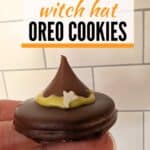 Image shows a hand holding a Witch hat cookie with text how to make witchhat oreo cookies.