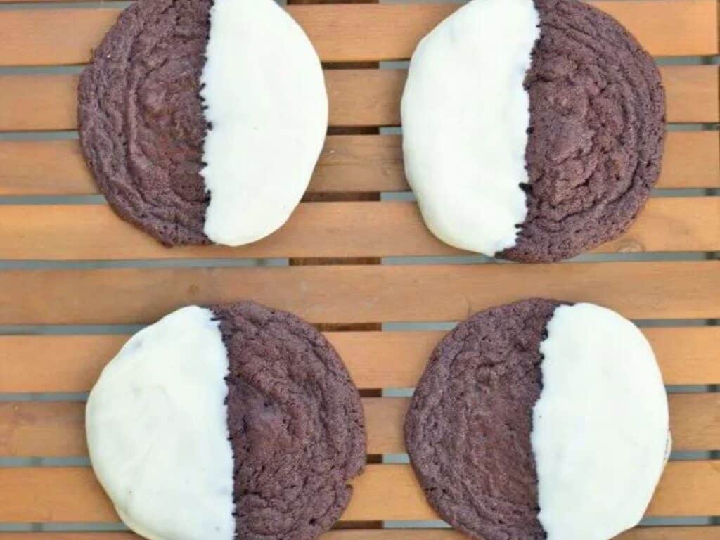 Image shows yummy triple chocolate dipped cookies.