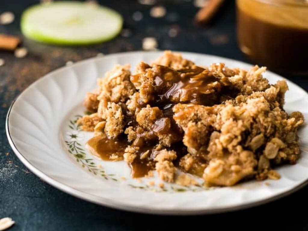 Image shows butterscotch apple crisp recipe.