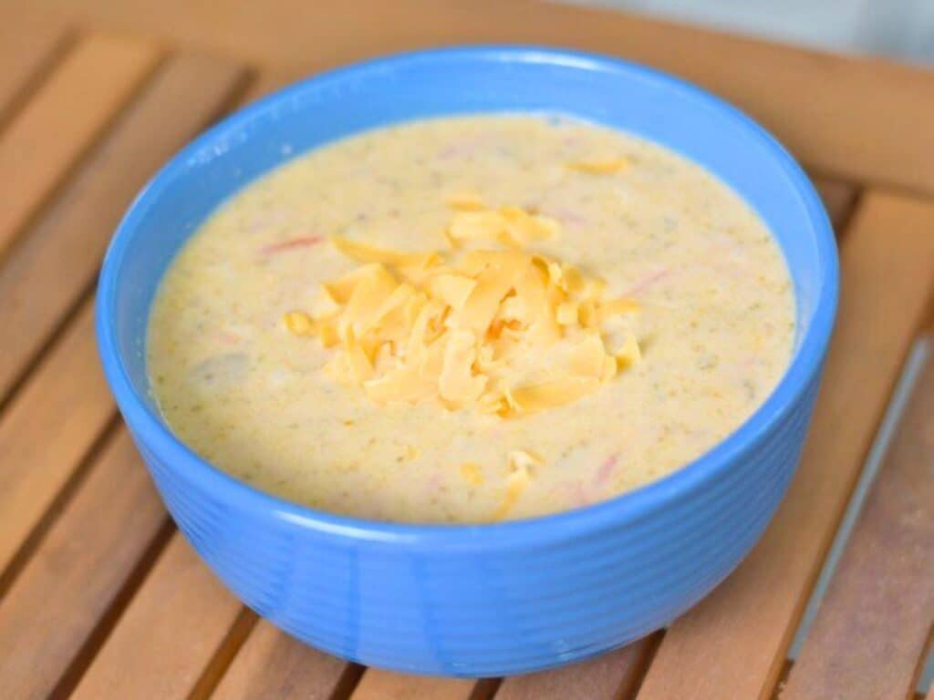 Image shows delicious broccoli cheddar soup from the Instant Pot.