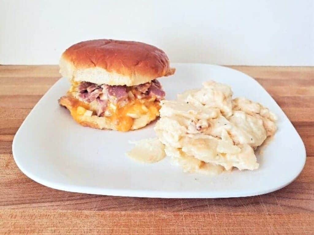 Image shows easy leftover ham salad sandwich recipe.