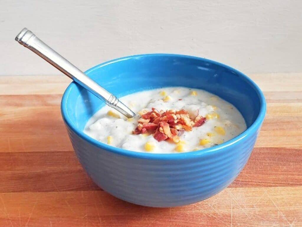 Image shows easy to make and delicious potato corn chowder.
