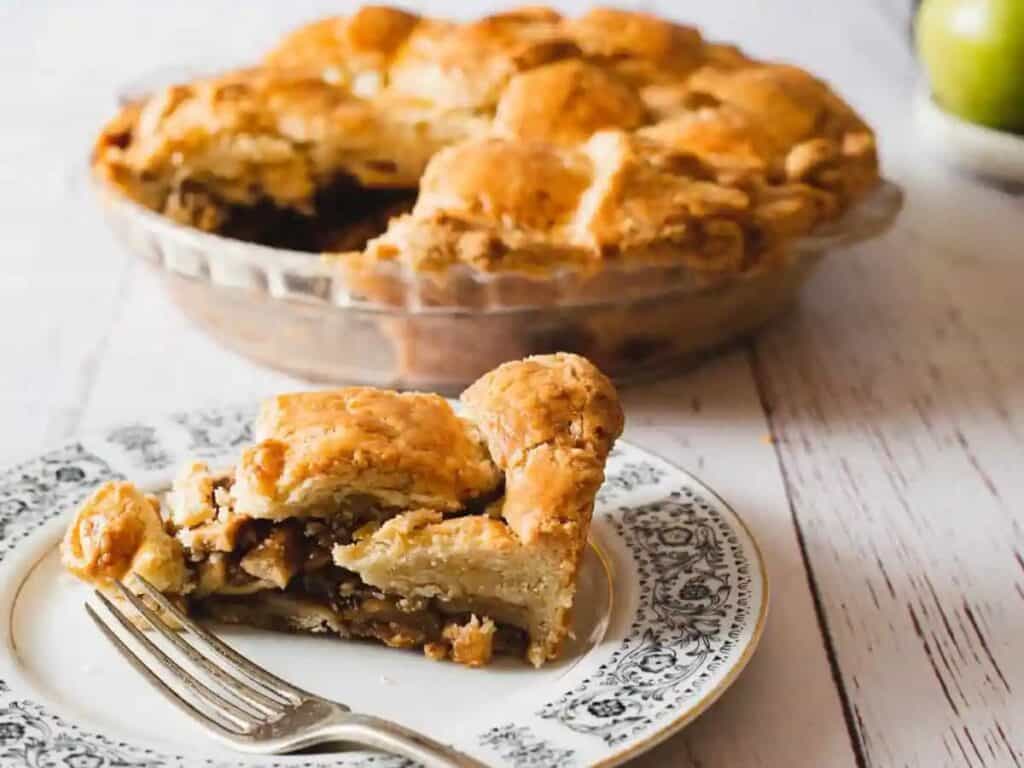 Image shows easy to make old-fashioned lattice top apple pie.