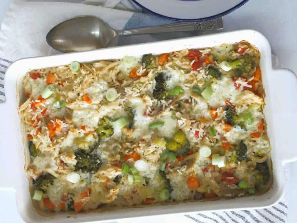 Image shows easy to make turkey and rice casserole.
