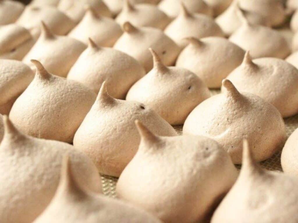 Image shows field of delicious mocha meringues.