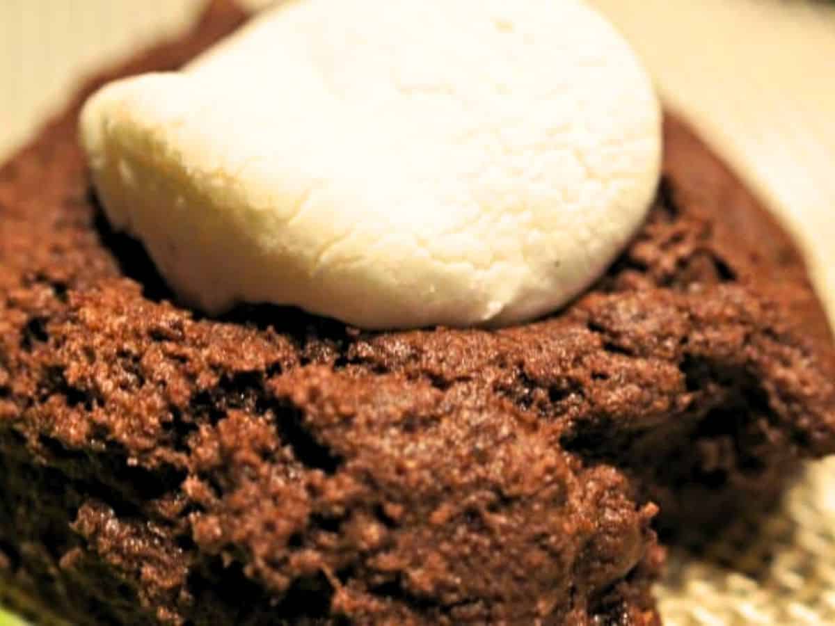 Image shows close-up of chocolate cookies with marshmallow centers on a cooling rack.