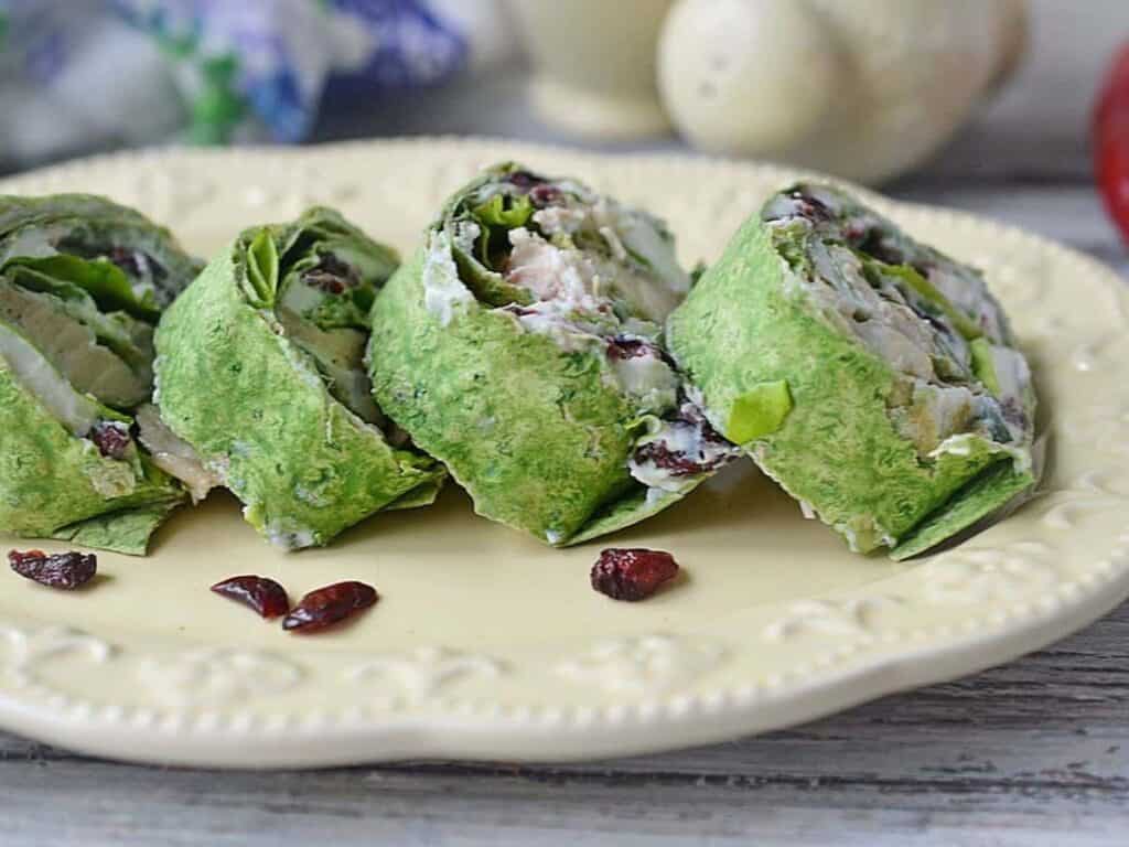 Image shows yummy cranberry turkey wraps.
