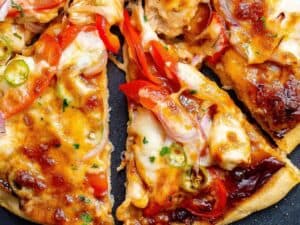 Image shows BBQ chicken pizza recipe.