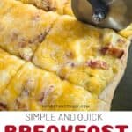 Image shows breakfast pizza cut in squares.