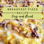 Image shows close-up of breakfast pizza with a text.