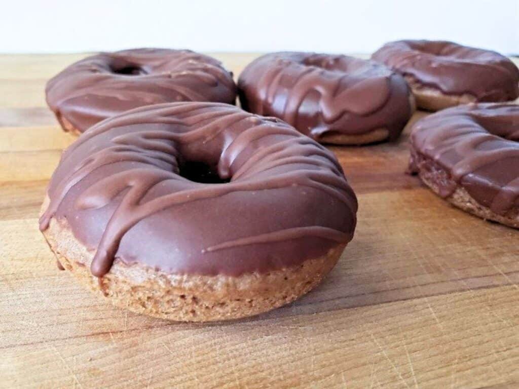 Image shows close-up of easy to make mocha donuts.