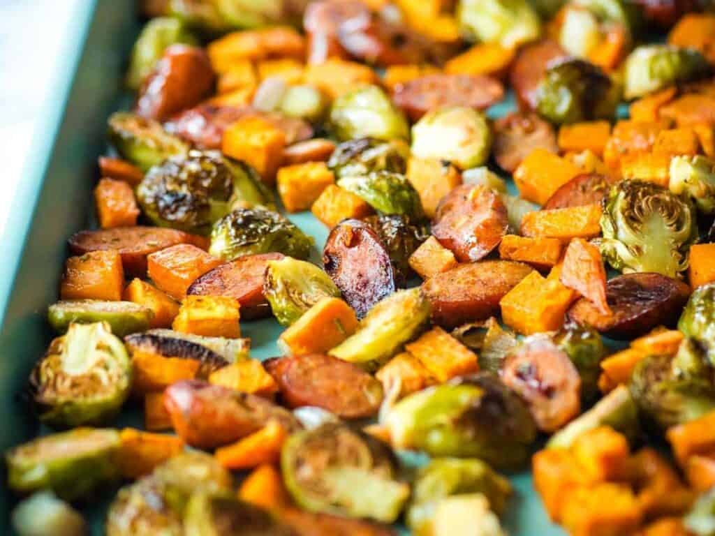 Image shows delicious harvest sheet pan dinner.