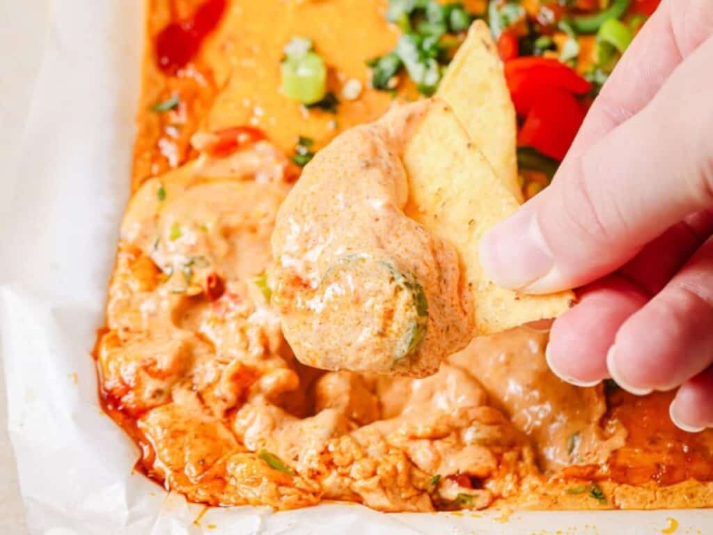 Image shows easy to make chili cheese dip.