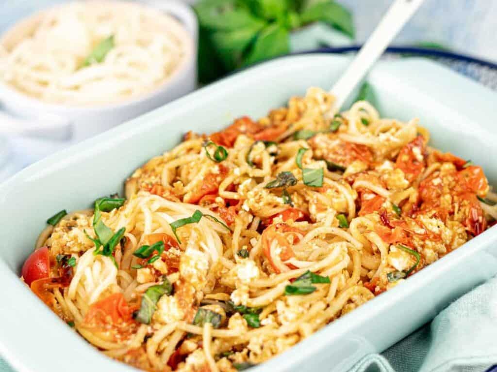 Image shows easy to make palmini baked fetta pasta.