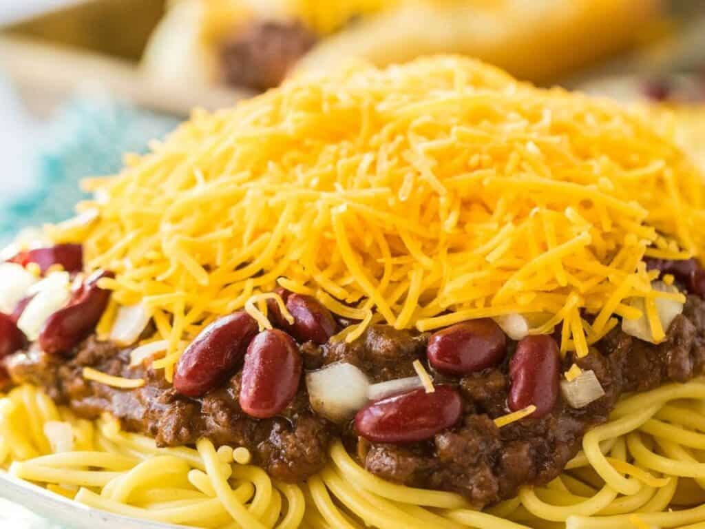 Image shows easy to make slow cooker Cincinnati chili.