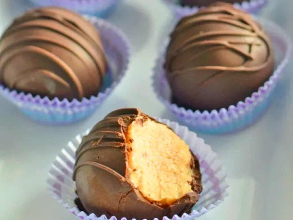 Image shows easy to make brown sugar cookie dough truffles.