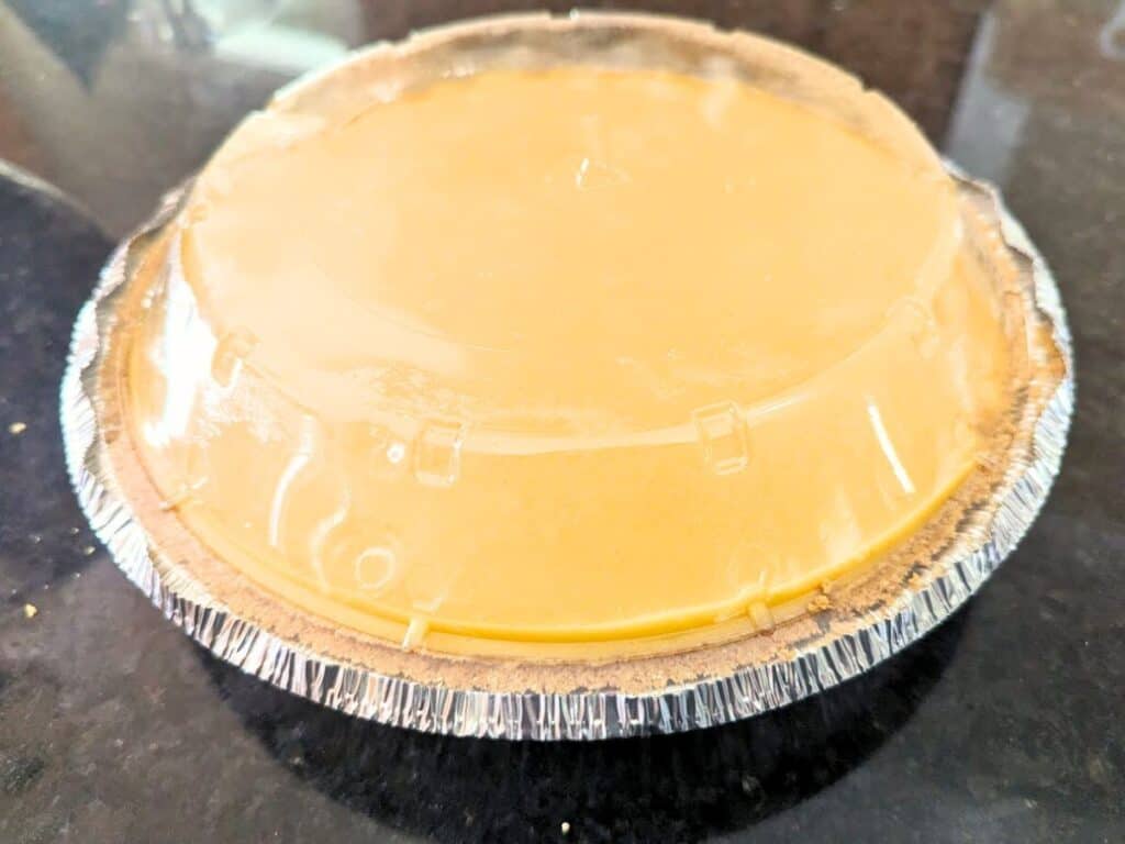 Image shows mango pie stored in a disposable container.