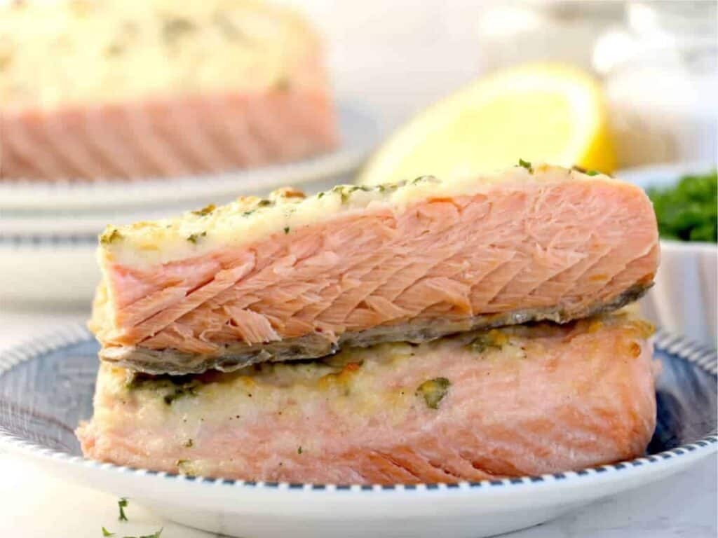 Image shows yummy quick baked salmon with mayo.