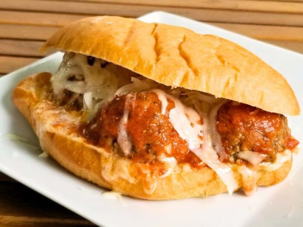 Image shows delicious Instant Pot meatball sandwich.