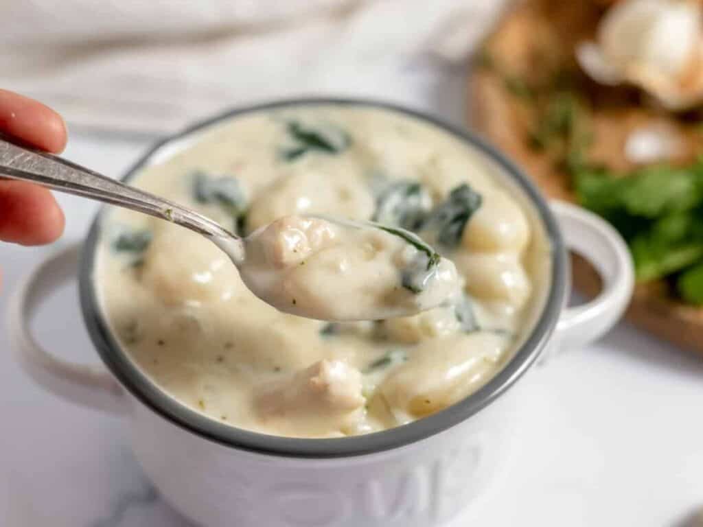 Image shows delicious chicken gnocchi soup.