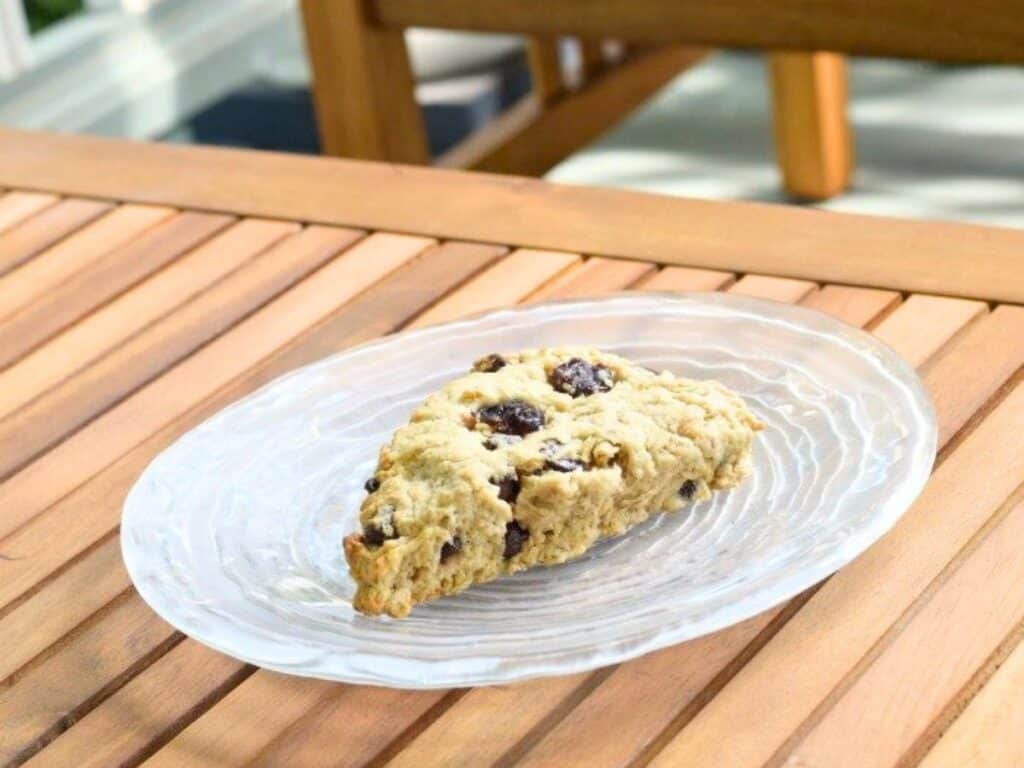 Image shows easy to make cherry chip scone.