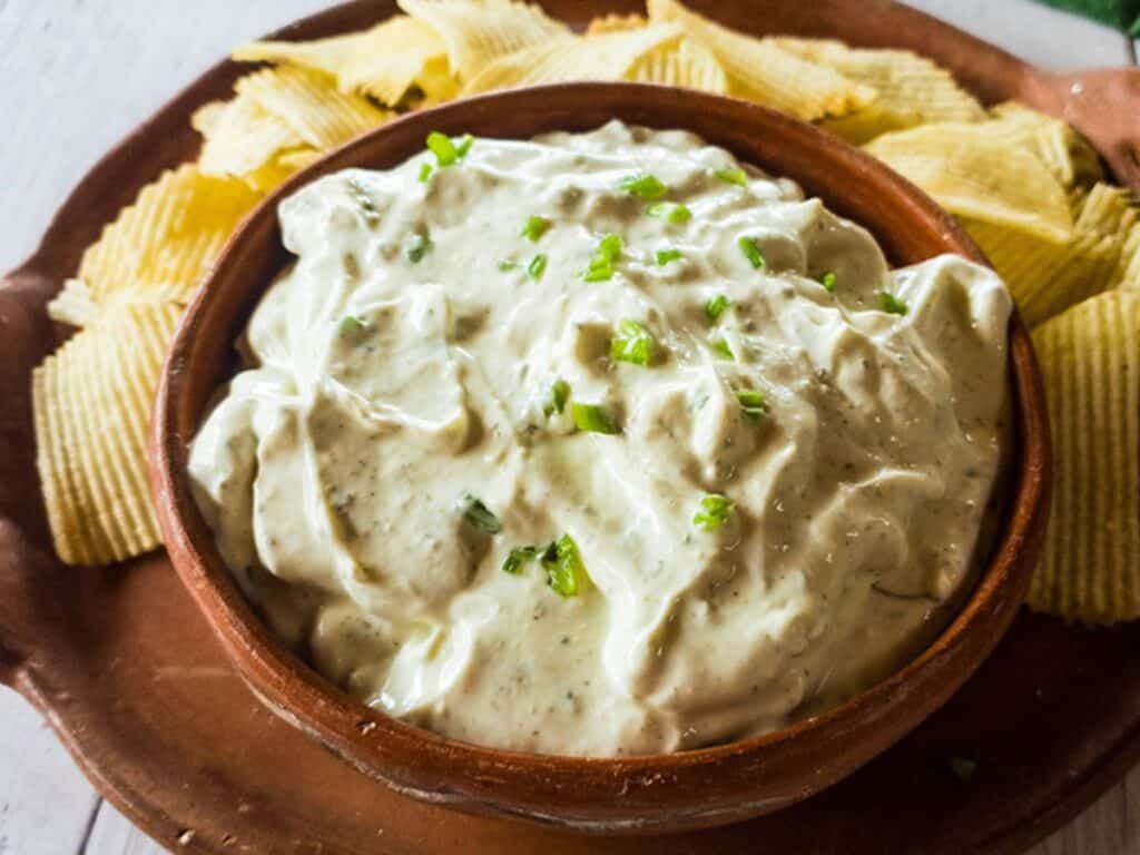 Image shows easy to make copycat Lawson’s chip dip.