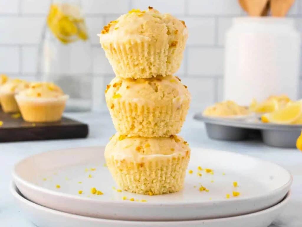 Image shows easy to make lemon ricotta muffins.