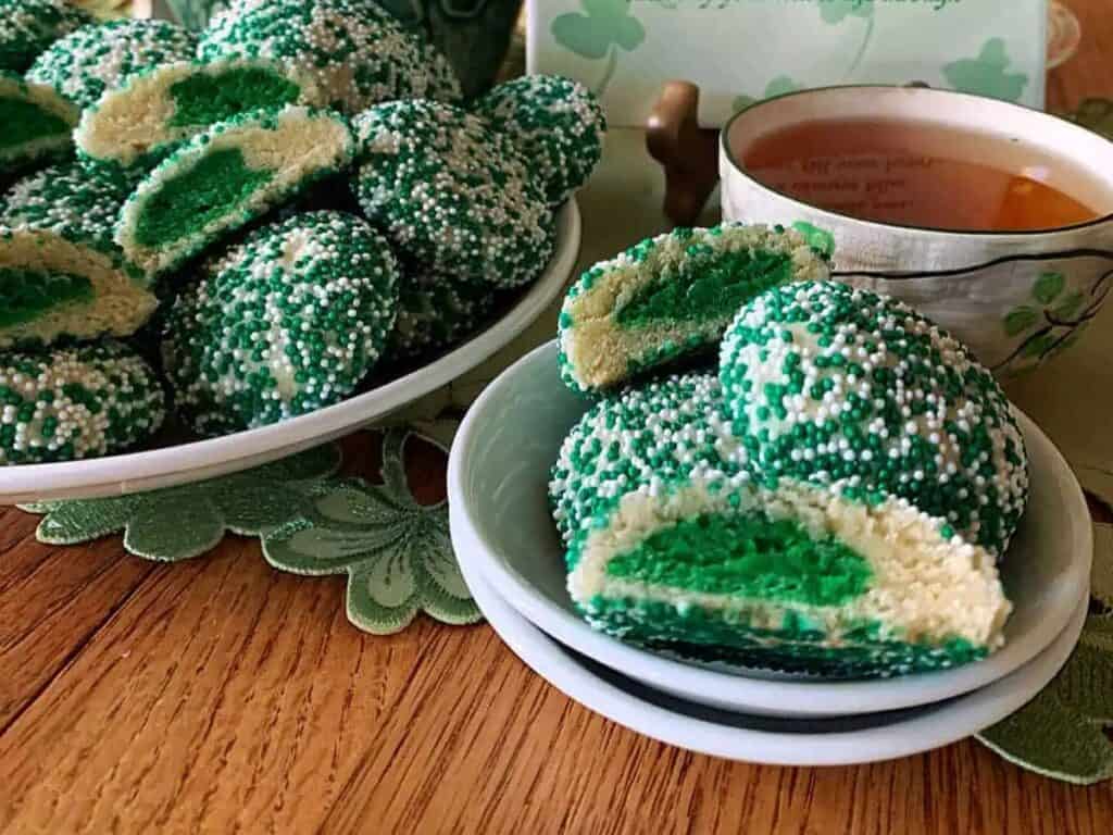 Image shows easy to make mint sprinkle cookies.