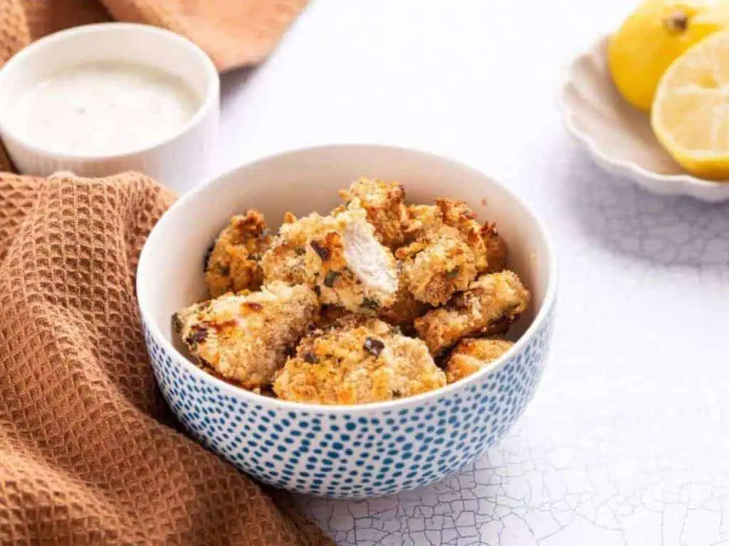 Image shows easy to make popcorn chicken.