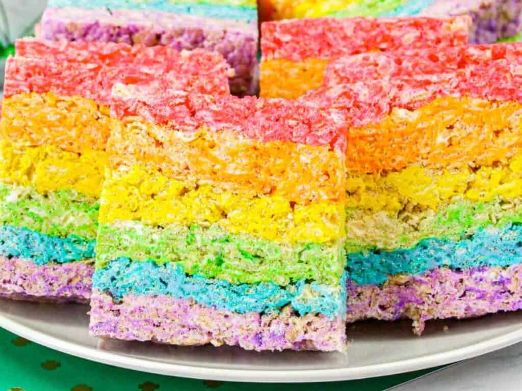 Image shows irresistible rainbow rice krispie treats.