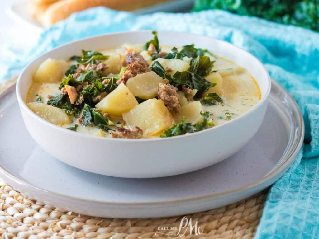 Image shows irresistible slow cooker zuppa toscana.