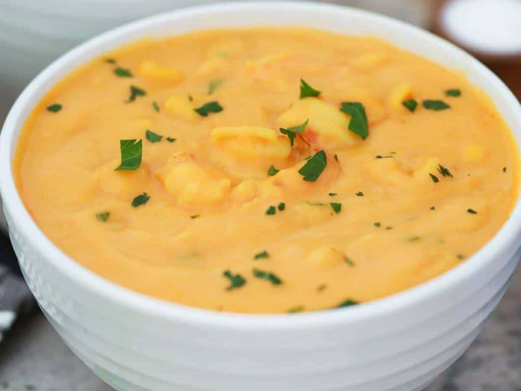 Image shows shrimp and corn bisque recipe.