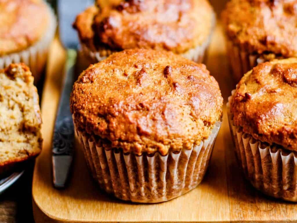 Image shows yummy banana protein muffins.