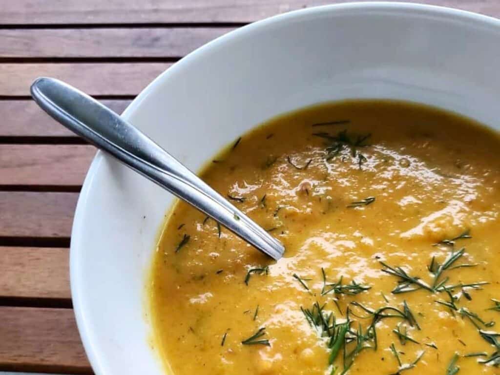 Image shows carrot ginger soup recipe.