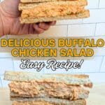 Image shows delicious buffalo chicken salad sandwich.