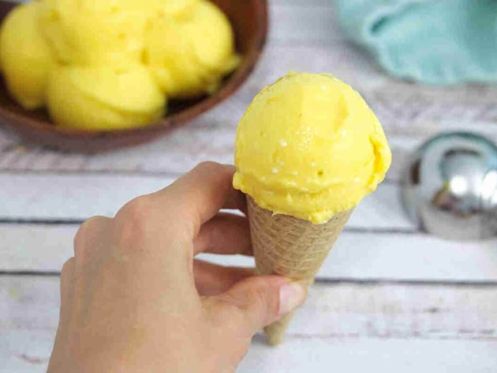 Image shows delicious mango ice cream.